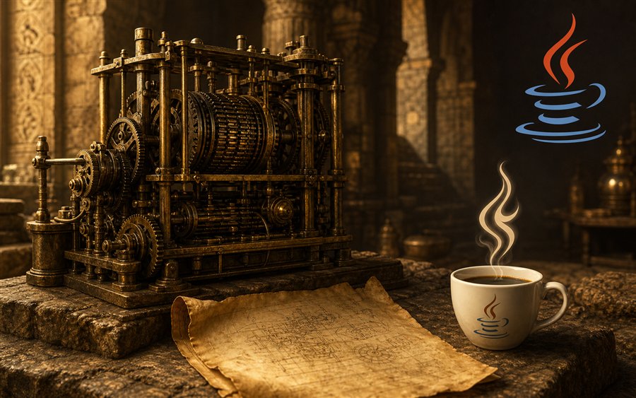 Antike Maschine mit Java-Kaffeetasse als Sinnbild für moderne Java-Concurrency