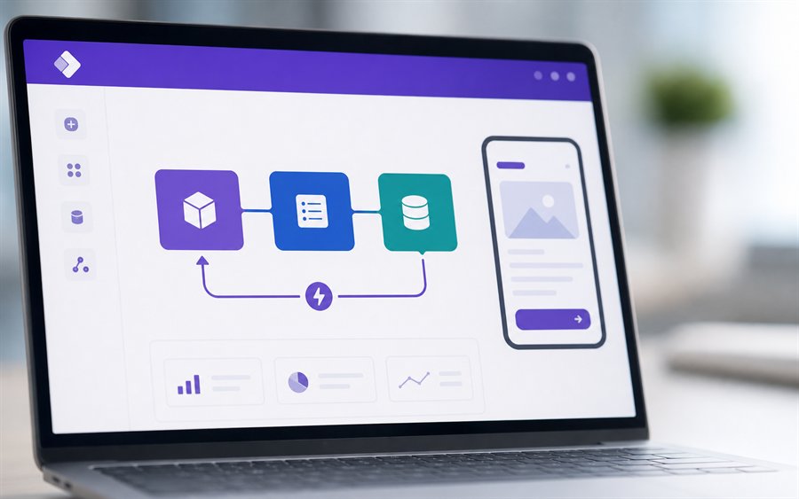 Reduzierte Low-Code-Oberfläche mit verbundenen App-Bausteinen auf Laptop und Tablet